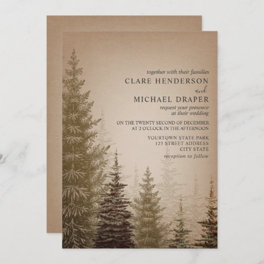 Bruin Evergreen Tree Rustieke bruiloft uitnodiging (Voorkant / Achterkant)