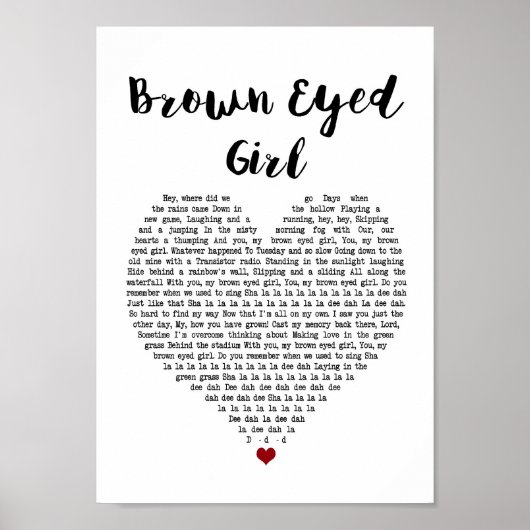 Bruin eyed Girl White Heart Song Lyric Print (Voorkant)