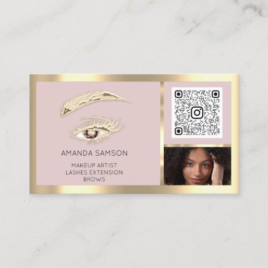 Bruin Eyelash Brow Makeup Logo Qr Code Roos Foto Visitekaartje (Voorkant)
