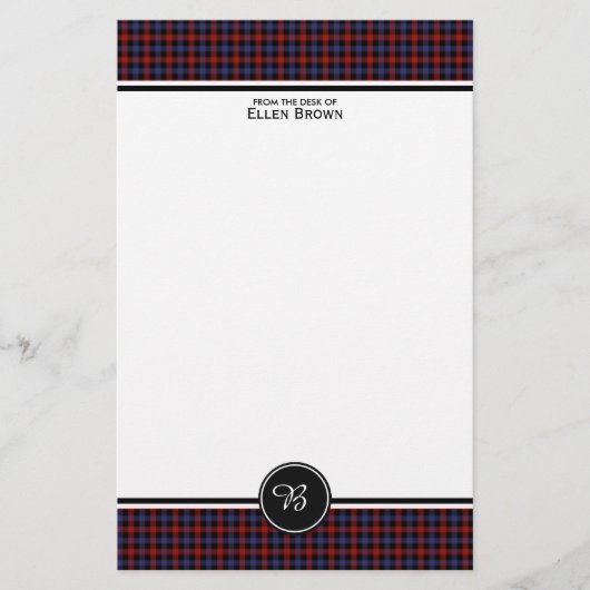Bruin Familie Tartan Rood en Blauw Plaid Monogram Briefpapier (Voorkant)
