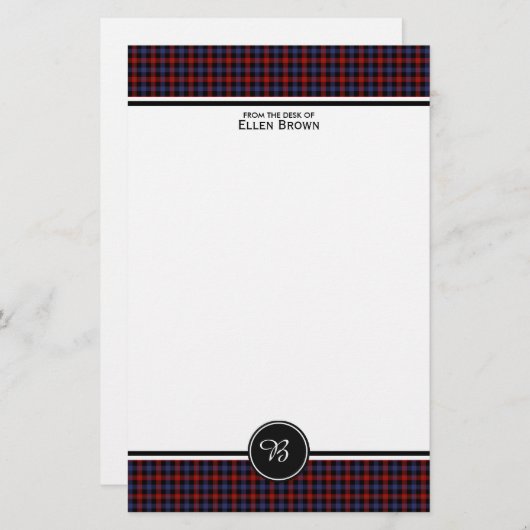 Bruin Familie Tartan Rood en Blauw Plaid Monogram Briefpapier (Voorkant / Achterkant)