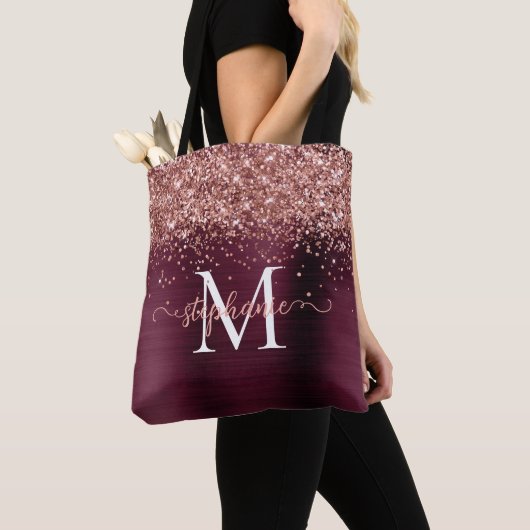 Bruin Faux-Glitter Girly Glam Bourgogne Personalis Tote Bag (Dichtbij)