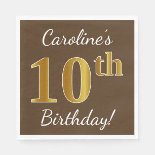 Bruin, Faux Gold 10th Birthday + Eigen naam Servet