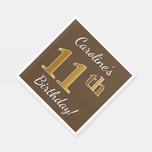 Bruin, Faux Gold 11th Birthday + Eigen naam Servetten (Hoek)