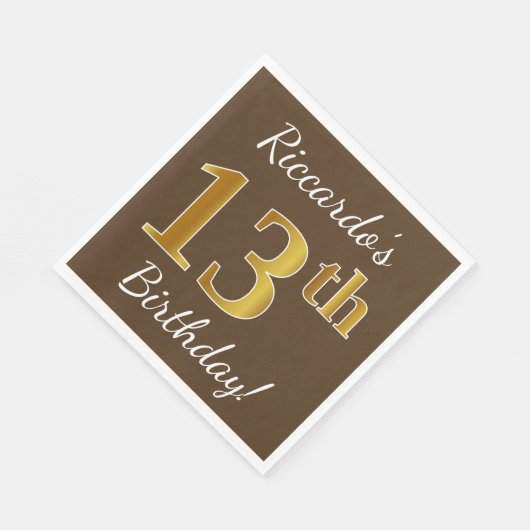 Bruin, Faux Gold 13th Birthday + Eigen naam Servetten (Hoek)