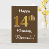 Bruin, Faux Gold 14th Birthday + Eigen naam Kaart (Gele Bloem)