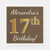 Bruin, Faux Gold 17th Birthday + Eigen naam Servet (Voorkant)