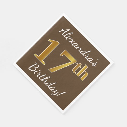 Bruin, Faux Gold 17th Birthday + Eigen naam Servet (Hoek)