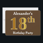 Bruin, Faux Gold 18th Birthday Party; Eigen naam Kaart<br><div class="desc">Het ontwerp van deze uitnodiging is voorzien van het rangnummer "18th" met een faux goudachtig uiterlijk. Het kenmerkt ook een douanenaam,  en een bruine gekleurde achtergrond. De gebeurtenisdetails op de rug kunnen worden gepersonaliseerd. Het zou kunnen worden gebruikt om mensen uit te nodigen op iemands achttiende verjaardagsfeestje. [~Z0000015]</div>