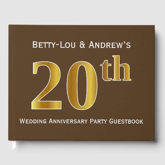 Bruin, Faux Gold 20e bruiloft Jubileum Party Gastenboek (Voorkant)