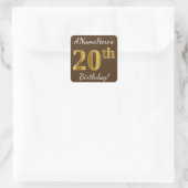 Bruin, Faux Gold 20th Birthday + Eigen naam Vierkante Sticker (Tas)