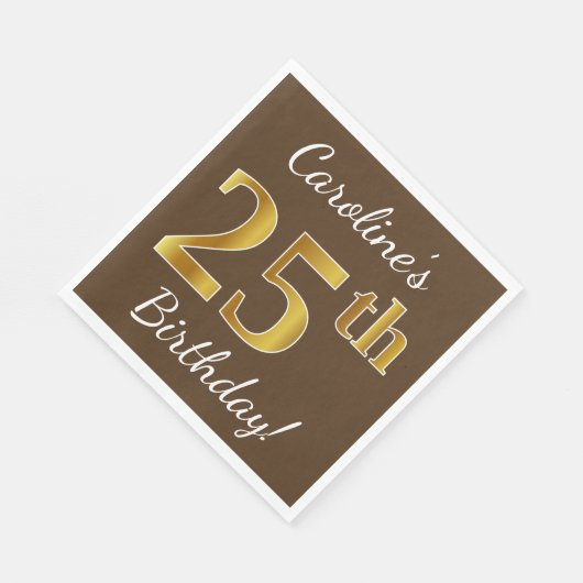 Bruin, Faux Gold 25th Birthday + Eigen naam Servet (Hoek)