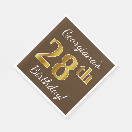 Bruin, Faux Gold 28th Birthday + Eigen naam Servet (Hoek)