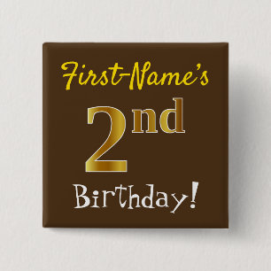 Bruin, Faux Gold 2e verjaardag, met op naam Vierkante Button 5,1 Cm