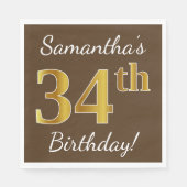 Bruin, Faux Gold 34th Birthday + Eigen naam Servet (Voorkant)