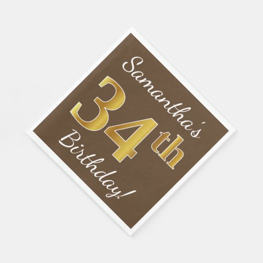 Bruin, Faux Gold 34th Birthday + Eigen naam Servet (Hoek)