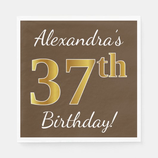 Bruin, Faux Gold 37th Birthday + Eigen naam Servet (Voorkant)