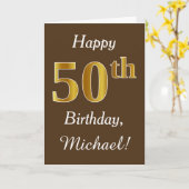 Bruin, Faux Gold 50th Birthday + Eigen naam Kaart (Gele Bloem)