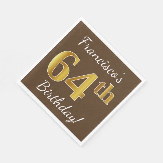 Bruin, Faux Gold 64th Birthday + Eigen naam Servet (Hoek)