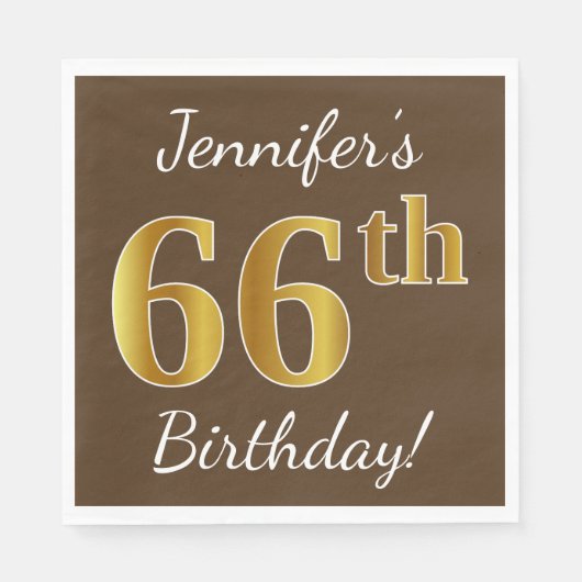 Bruin, Faux Gold 66th Birthday + Eigen naam Servetten (Voorkant)