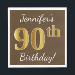 Bruin, Faux Gold 90th Birthday   Eigen naam Servet<br><div class="desc">Dit eenvoudige papieren servetontwerp heeft een boodschap als "Jennifer’s 90th Birthday!",  met de "90th" met een faux goud-achtige uitstraling,  op een bruin gekleurde achtergrond. De naam kan gepersonaliseerd worden. Het kan gebruikt worden op een verjaardagsfeestje voor iemand die zijn negentigste verjaardag viert. [~Z0000082]</div>