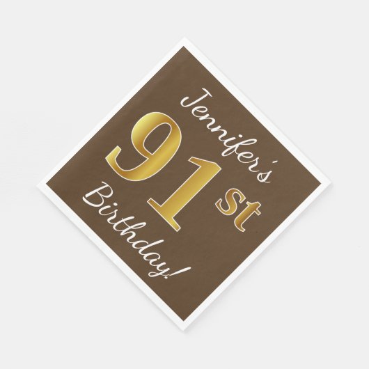 Bruin, Faux Gold 91st Birthday + Eigen naam Servet (Hoek)