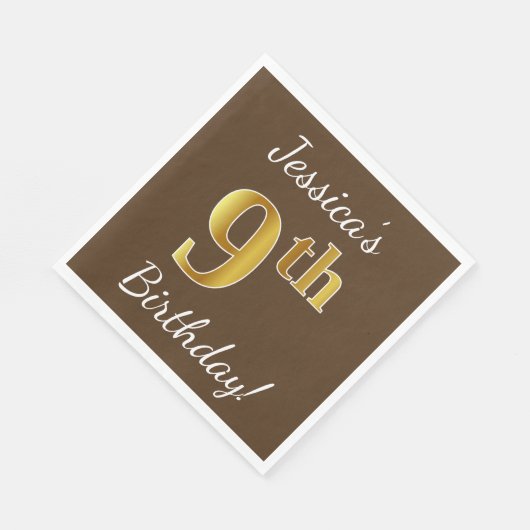 Bruin, Faux Gold 9th Birthday + Eigen naam Servetten (Hoek)