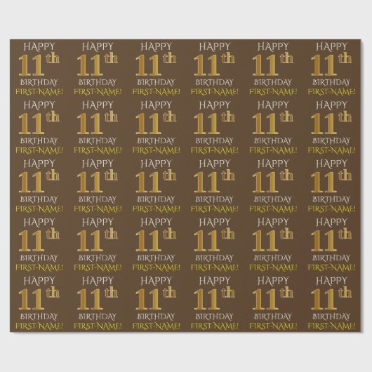 Bruin, Faux Gold "HAPPY 11th BIRTHDAY" Cadeaupapier (Vlak)
