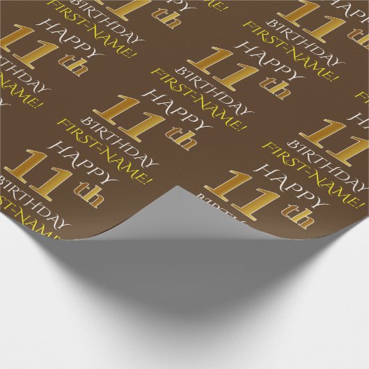 Bruin, Faux Gold "HAPPY 11th BIRTHDAY" Cadeaupapier (Hoek)