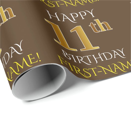 Bruin, Faux Gold "HAPPY 11th BIRTHDAY" Cadeaupapier (Rol Hoek)