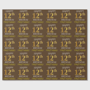 Bruin, Faux Gold "HAPPY 12th BIRTHDAY" Cadeaupapier