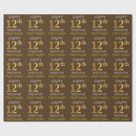 Bruin, Faux Gold "HAPPY 12th BIRTHDAY" Cadeaupapier (Vlak)