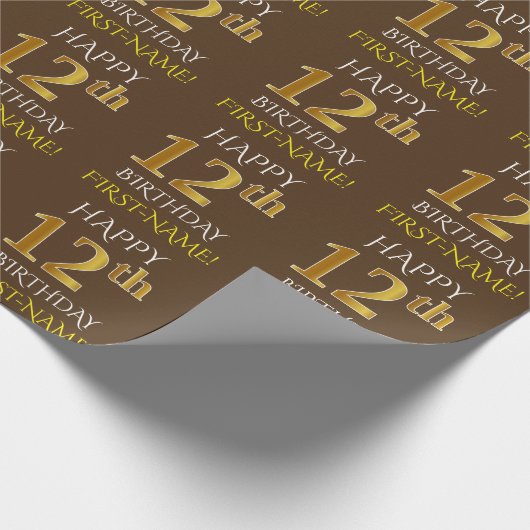 Bruin, Faux Gold "HAPPY 12th BIRTHDAY" Cadeaupapier (Hoek)