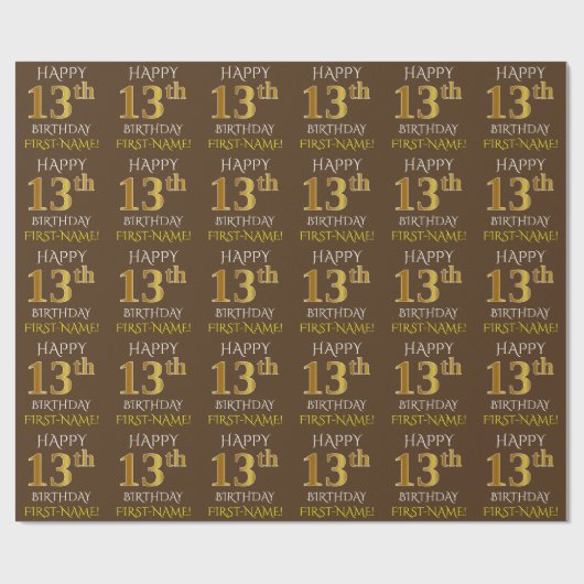 Bruin, Faux Gold "HAPPY 13th BIRTHDAY" Cadeaupapier (Vlak)