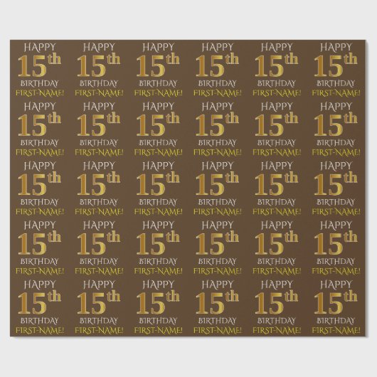 Bruin, Faux Gold "HAPPY 15th BIRTHDAY" Cadeaupapier (Vlak)