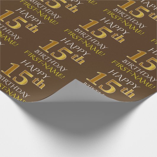 Bruin, Faux Gold "HAPPY 15th BIRTHDAY" Cadeaupapier (Hoek)