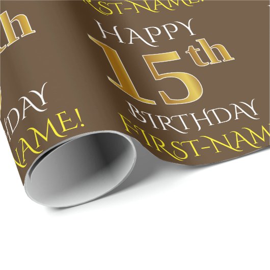 Bruin, Faux Gold "HAPPY 15th BIRTHDAY" Cadeaupapier (Rol Hoek)