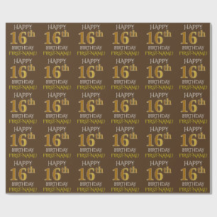 Bruin, Faux Gold "HAPPY 16th BIRTHDAY" Cadeaupapier