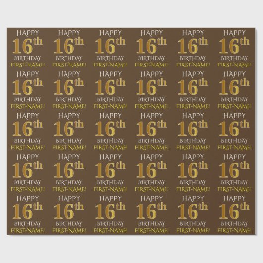 Bruin, Faux Gold "HAPPY 16th BIRTHDAY" Cadeaupapier (Vlak)