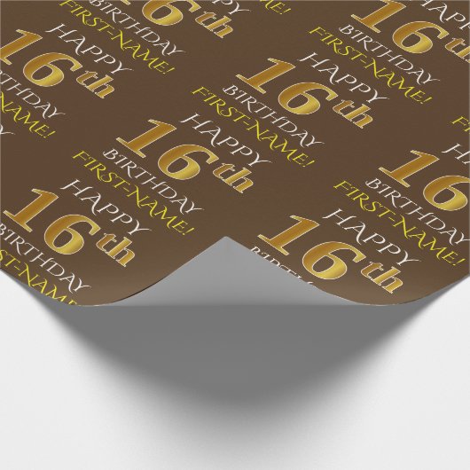 Bruin, Faux Gold "HAPPY 16th BIRTHDAY" Cadeaupapier (Hoek)