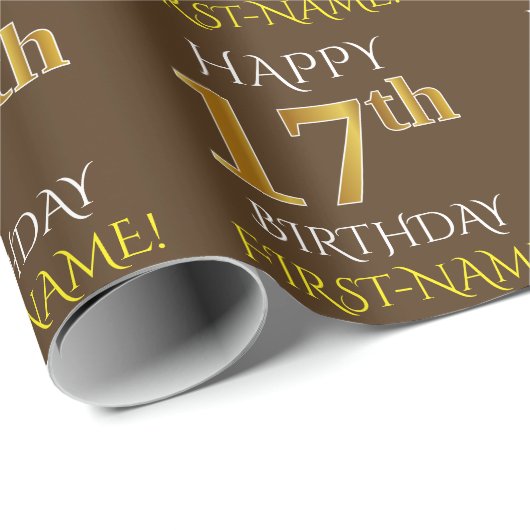 Bruin, Faux Gold "HAPPY 17th BIRTHDAY" Cadeaupapier (Rol Hoek)