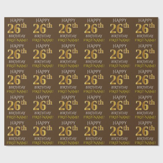 Bruin, Faux Gold "HAPPY 26th BIRTHDAY" Cadeaupapier (Vlak)