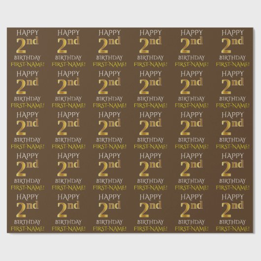 Bruin, Faux Gold "HAPPY 2nd BIRTHDAY" Cadeaupapier (Vlak)