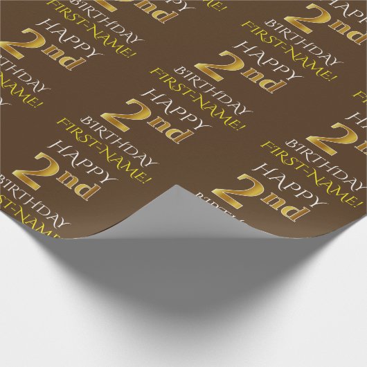 Bruin, Faux Gold "HAPPY 2nd BIRTHDAY" Cadeaupapier (Hoek)