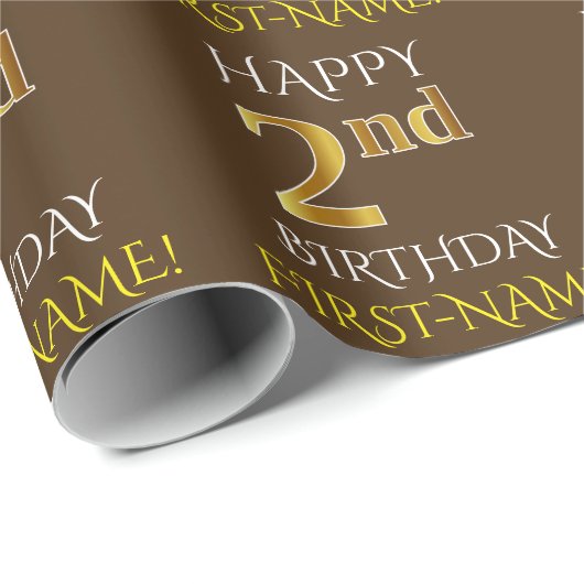Bruin, Faux Gold "HAPPY 2nd BIRTHDAY" Cadeaupapier (Rol Hoek)