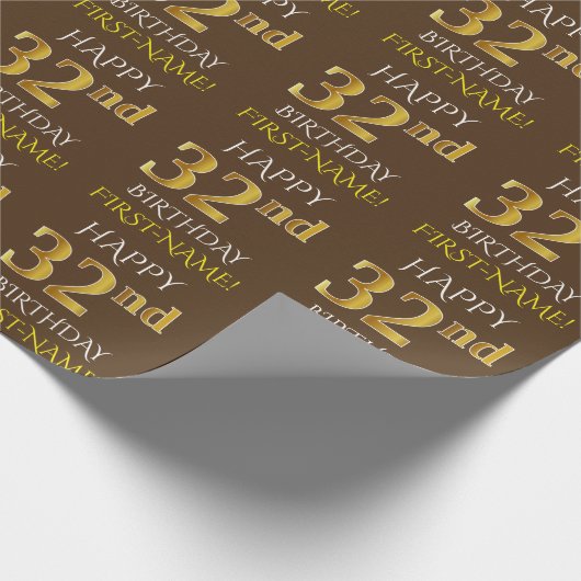 Bruin, Faux Gold "HAPPY 32nd BIRTHDAY" Cadeaupapier (Hoek)