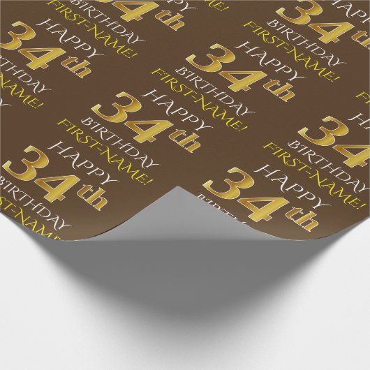 Bruin, Faux Gold "HAPPY 34th BIRTHDAY" Cadeaupapier (Hoek)