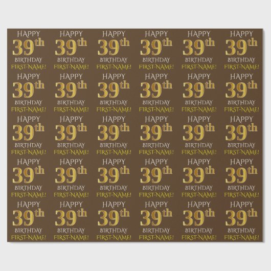 Bruin, Faux Gold "HAPPY 39th BIRTHDAY" Cadeaupapier (Vlak)