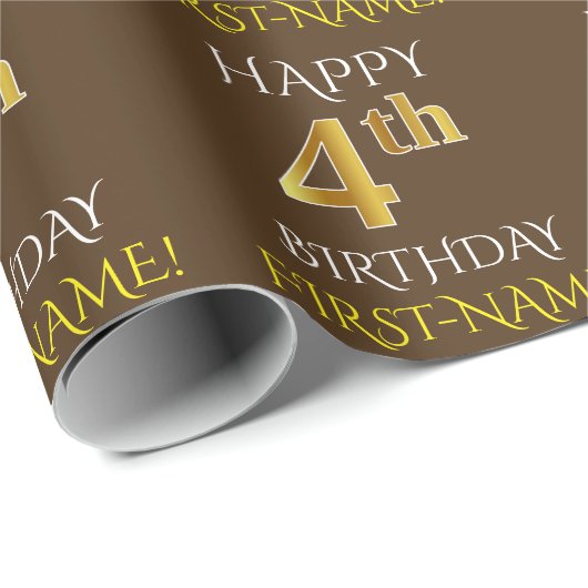 Bruin, Faux Gold "HAPPY 4th BIRTHDAY" Cadeaupapier (Rol Hoek)