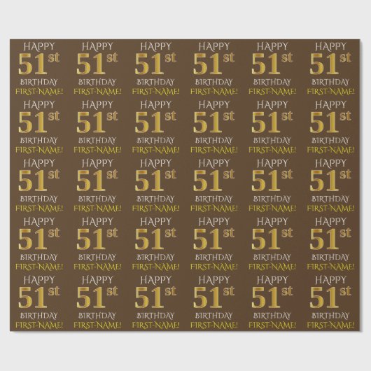 Bruin, Faux Gold "HAPPY 51st BIRTHDAY" Cadeaupapier (Vlak)